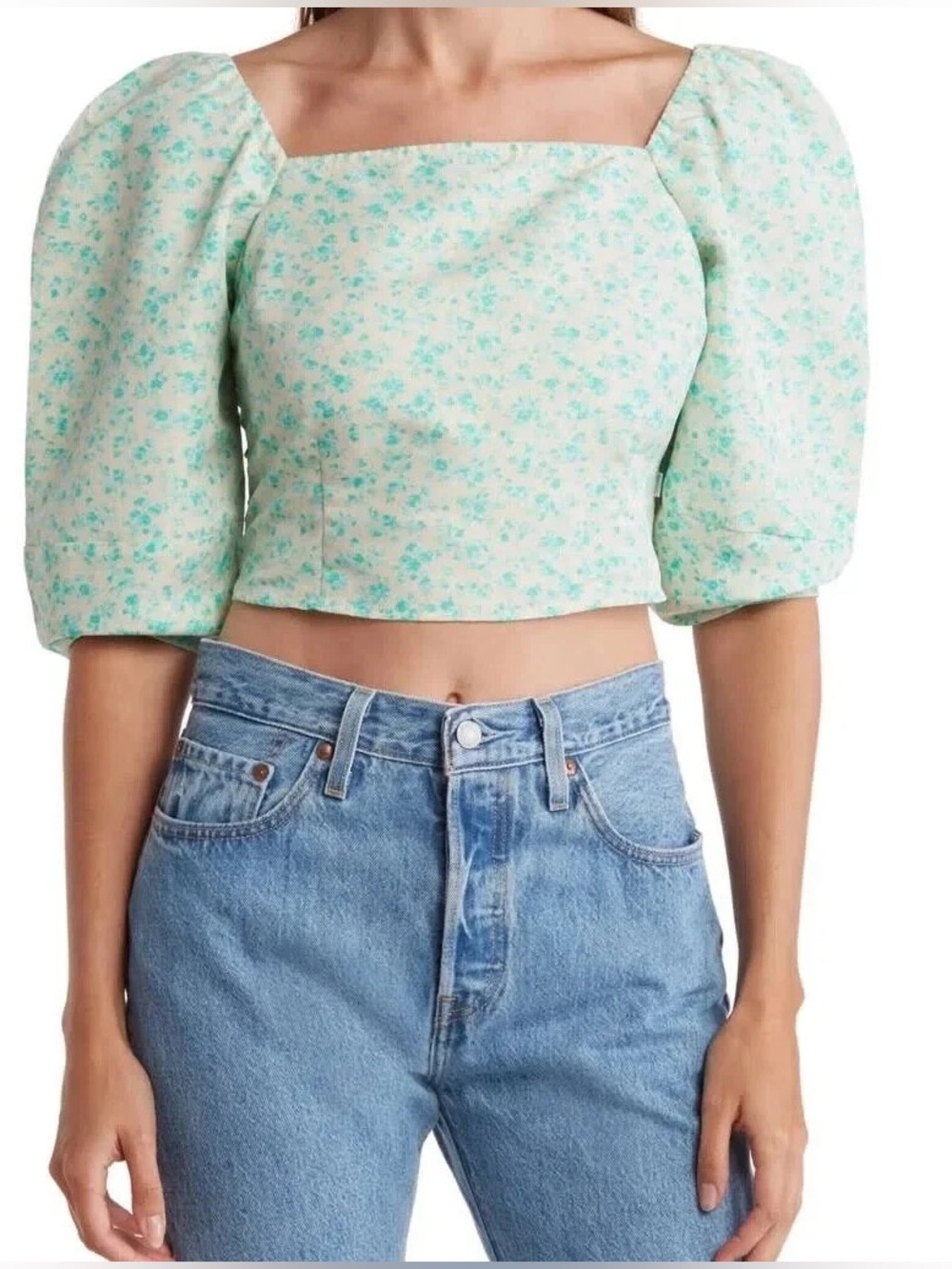 Levi’s NWT $69 Puff Sleeve Crop Top Square Neck Floral Top Boho Cottagecore L